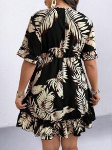 SHEIN Clasi 大码女式波西米亚风热带植物印花系带连衣裙，适合度假、夏季 - 黑色 - 查看 2