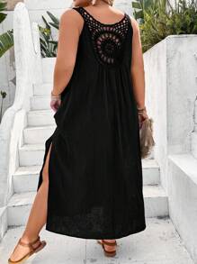 SHEIN CURVE+ Plus Size Washed Cotton Lace Back Long Black Dress Boho Vacation