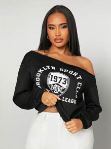 SHEIN SXY Black Vintage American Style Asymmetric Shoulder Loose Fit Letter Print Sweatshirt, Casual Sports/College/Back To School/Daily Wear/Game Viewing, Versatile Pullover Top, Spring/Summer - Black - View 4