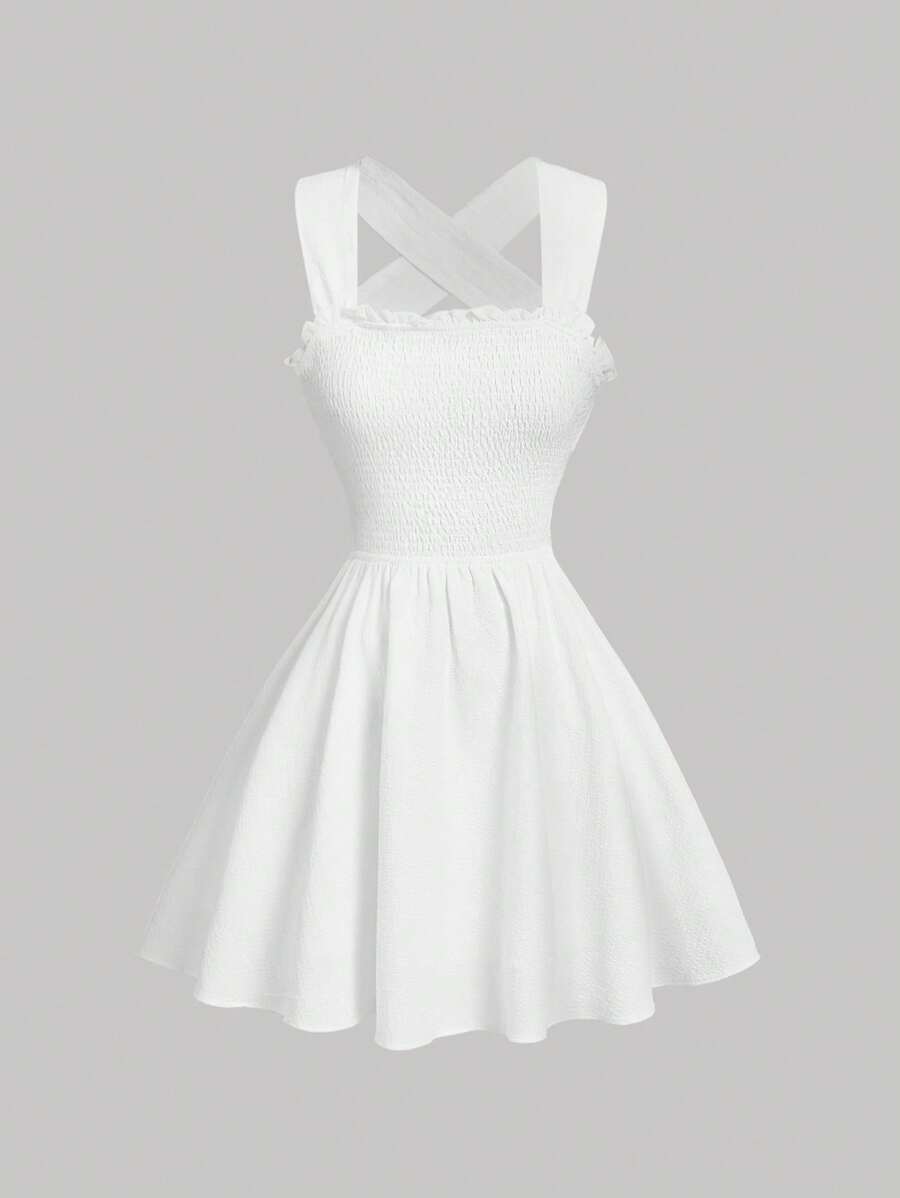 SHEIN MOD 女士休闲纯色交叉露背连衣裙 - 白色 - 查看 1