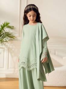 3pcs Tween Girls Sets: Mint Green Long Sleeve Embroidered Floral Trim Robe + Headscarf, Suitable For Outings, School, Home Ritual Abaya Outfit With Headscarf - Green - View 3
