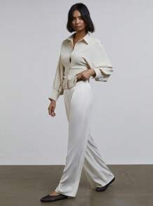 Athîral Women's Satin Elastic Waist Loose Wide Leg Trouser Pants Old Money Aesthetic