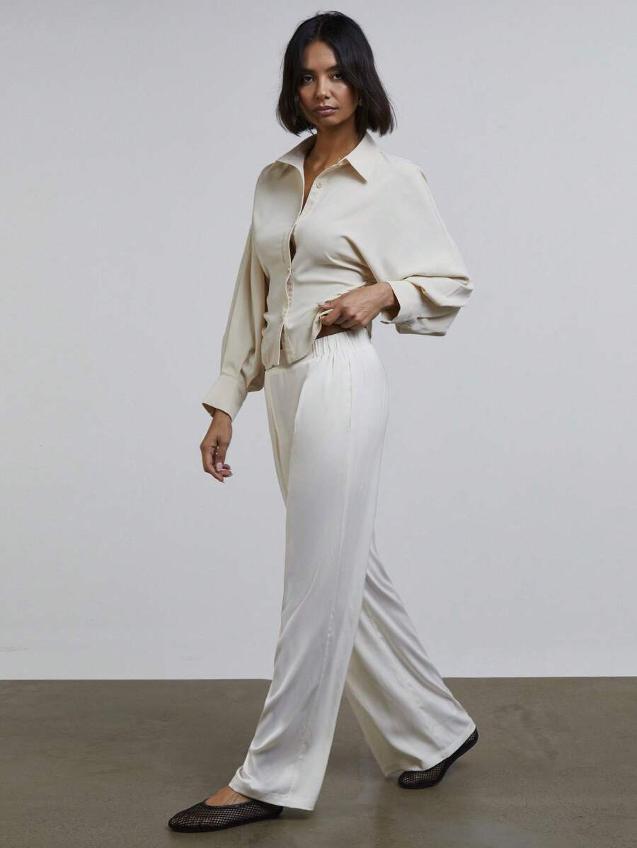 Athîral Women's Satin Elastic Waist Loose Wide Leg Trouser Pants Old Money Aesthetic