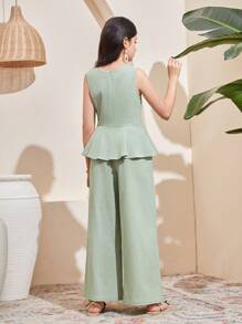 SHEIN 2 件 Tween 女童休闲纯色无袖衬衫和阔腿裤套装 - 綠色 - 查看 2