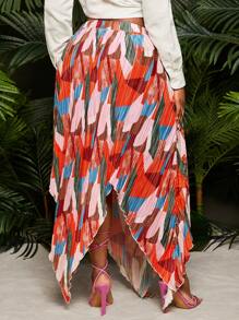 SHEIN SXY Plus Size Women Plus High Waisted Asymmetrical Hem Color Block Print Pleated Skirt, Suitable For Daily Wear, Beach Vacation, Date Night, Birthday, Bachelorette Party, Cute, Casual, Shopping, Streetwear, Going Out, Easy To Match & Looks Slim, Accent Your Body