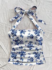 Soleia Parte superior de punto texturizada con lazo en el cuello para mujer talla grande, corte favorecedor, apropiada para verano en estampado floral azul pequeño, vacaciones, primavera/verano
