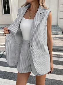 SHEIN Tall CURVE Plus Size 2pcs Women Casual Striped Blazer Collar Shorts With Pockets Suit Set Office Outfits For Women Business Casual Woman Spring Outfits For Women Office Outfits For Women Lounge Sets For Women Plus Size Pant Suit Set Linen Outfits For Women Tall Curve Women Clothes Vest And Pants Set Plus Size Linen Outfits Autumn Winter Clothes For Women - Multicolor - View 8