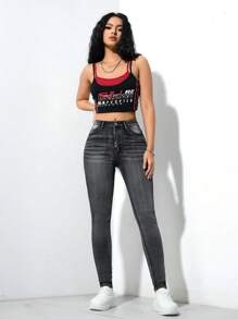 SHEIN Essnce Women's Front Button Pocket Simple Slim Casual Denim Pants - Dark Grey - View 5