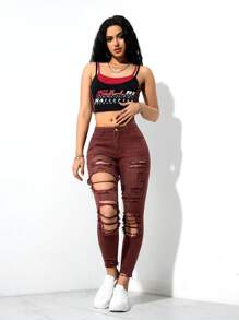 SHEIN EZwear Women's Front Button Pocket Distressed Simple Casual Denim Jeans - Rust Brown - View 4