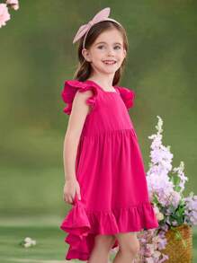 SHEIN Leap Crew 年轻女孩编织纯色荷叶边领紧身连衣裙