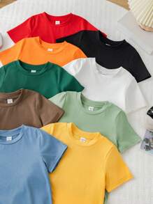 SHEIN Bộ 9 áo thun trẻ em trai: Thoải mái, thoáng khí, mặc hàng ngày, đa năng, giản dị, thời trang, cơ bản, đơn giản, dễ thương, nhiều màu sắc, cổ tròn, tay ngắn, áo thun dệt kim, thích hợp cho anh chị em, quần áo bố mẹ - con cái, phù hợp cho mặc hàng ngày, thể thao, trường học, tiệc tùng, lễ hội, biểu diễn, chụp ảnh, mùa tựu trường. - Nhiều màu - Xem 3