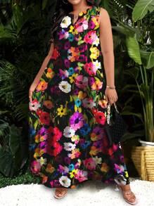 SHEIN LUNE Plus Size Casual Elegant Random Floral Print Sleeveless Dress, For Women, Suitable For Summer, Beach, Spring, Vacation - White - View 5