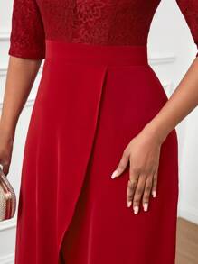 SHEIN Lady 四季生日婚礼婚宴优雅浪漫休闲度假服装女士夏季服装女士红色蕾丝拼接不对称荷叶边下摆设计连体裤女式连体裤 - 紅色 - 查看 5