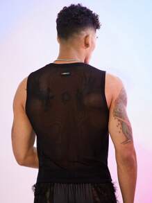 FeverCity Men's Elastic Leather & Mesh Splice Tight Tank Top - Black - View 2