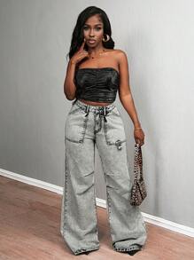 SHEIN Slayr Women's Pleated Pocket Wide Leg Loose Casual Jeans