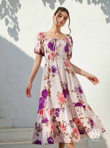 Aveloria Rosie Random Flower Print Square Neck Ruffle Hem Pleated Bust Trim Summer Short Sleeve Dress Vacation Outfits Woman  Boho Beach Fashionable Style For Spring Fall - Purple - View 6