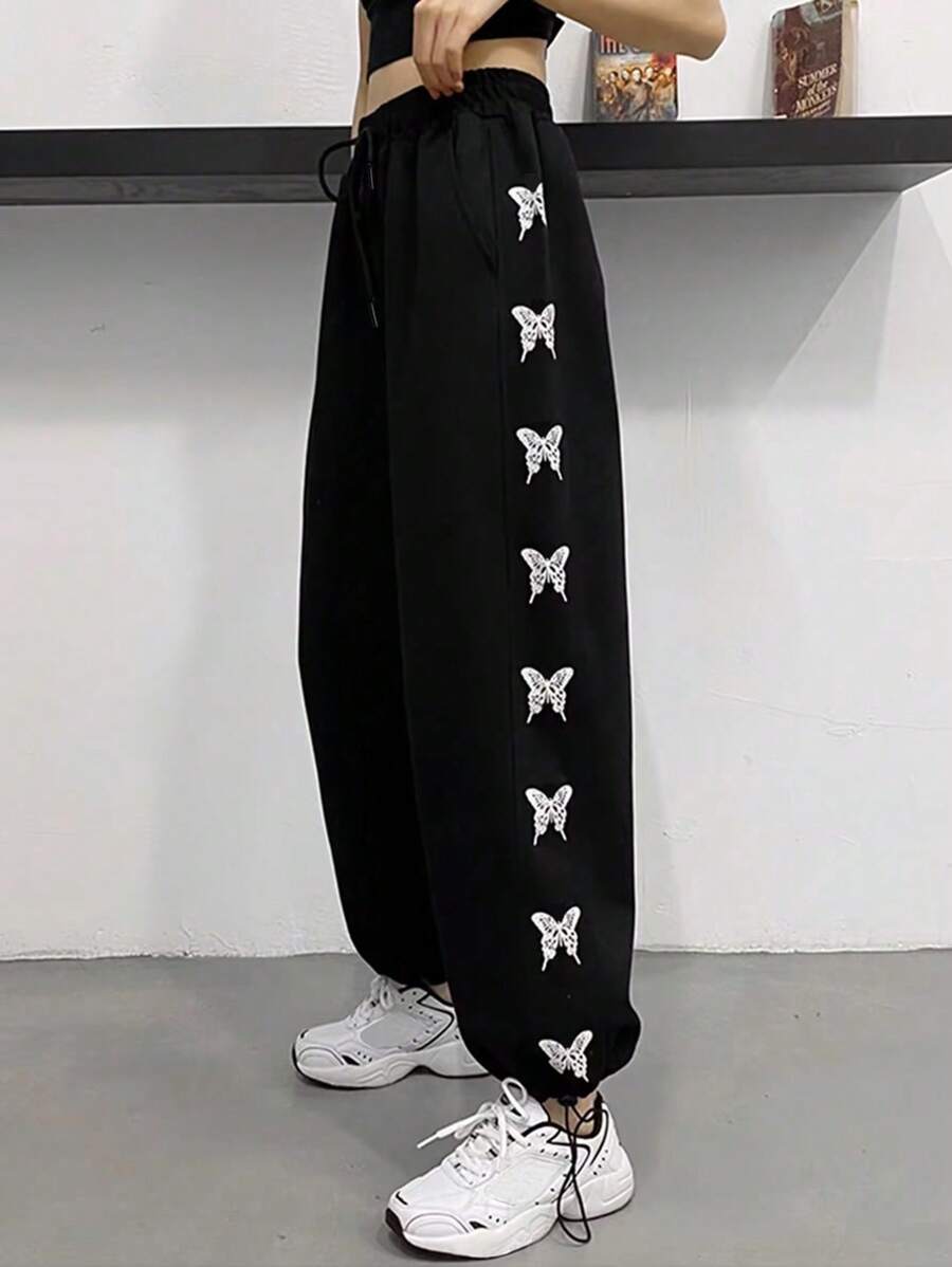 DAZY Butterfly Print Drawstring Joggers - Black - View 1