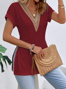 SHEIN LUNE Contrast Lace Batwing Sleeve Split Hem Tee Graphic Tees Women Tops - Burgundy - View 6