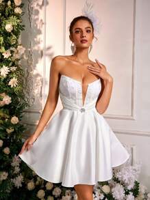 SHEIN Belle Elegant Romantic Dignified White Sequined Lace Satin Stitching Tube Dress, Deep V-Neck Rhinestone Button A-Line Dress, Suitable For Bachelorette Party, Vacation, Graduation Ceremony, Bridal Shower Dress, Wedding Dress, Little White Dress,Bride - White - View 4