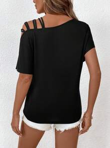 SHEIN LUNE 女士休闲针织太阳和月亮印花不对称肩短袖 T 恤春夏季 - 黑色 - 查看 2