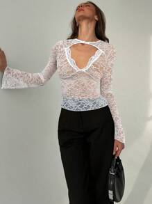 Aloruh Áo ren mỏng cổ chữ V sâu tay dài cho nữ, gợi cảm cho lễ hội âm nhạc và Giáng sinh - trắng - Xem 4