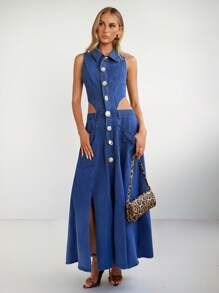 Forever 21 Sleeveless Vintage Elegant Street Style Dress For Women, Spring - Medium Wash - View 1