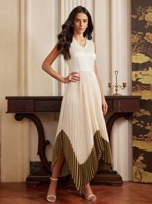 Anewsta Elaire ANEWSTA Fashionable Pleated Midi Dress, Design, Sleeveless For Women, Spring/Summer, Modest - Apricot - View 5