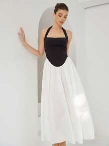 GENKIRA Vestido largo hasta el tobillo sin mangas con cintura fruncida y parches de malla, en estilo francés elegante para mujeres - Negro - Ver 6