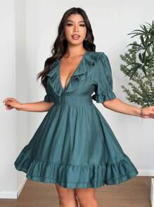 SHEIN Clasi 大码纯色休闲连衣裙，简约时尚，适合日常穿着 - 綠色 - 查看 2