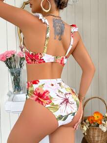 Swim DD+ Women Floral Print Ruffle Twisted Bikini Set Top & Bottom , Summer Beach Vacation