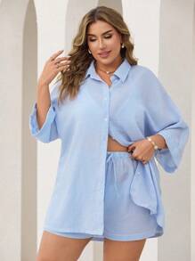 Swim Lushoire Conjunto de dos piezas para mujer, camisa y pantalones cortos de verano, de rayas azules y blancas, de manga tres cuartos, como cubridor de playa y tiempo libre, talla grande, para vacaciones