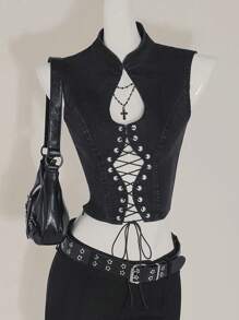 SHEIN ICON Women's Sleeveless Denim Tie-Front Crop Top, Y2k Clothes Women - Grey - View 6