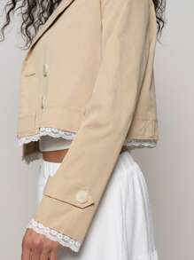 SHEIN EZwear Women's Layered Collar Long Sleeve Double-Breasted Contrast Lace Trench Coat