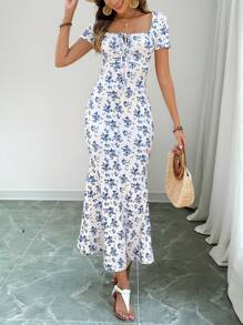 EMERY ROSE Women Floral Allover Print Tie-Front Short Sleeve Casual Dress