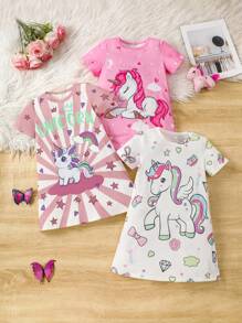 SHEIN Leap Crew 3pcs Young Girl Summer Cute Unicorn Cap Sleeve Knit Comfortable Loose Home Nightdress Three Pieces Set - Pink - View 1