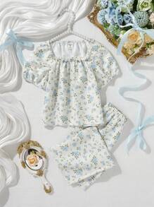 2 件小女孩休闲花卉印花套装，短袖上衣和裤子，舒适家居服套装 - 彩色 - 查看 7