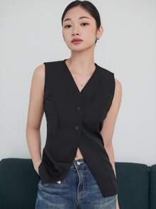 DAZY Chaleco casual sin mangas con botones delanteros para mujer, blazers entallados para mujer