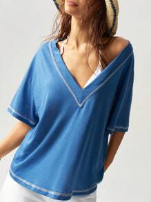 Bohemela 休闲纯色 V 领短袖宽松大码 T 恤
