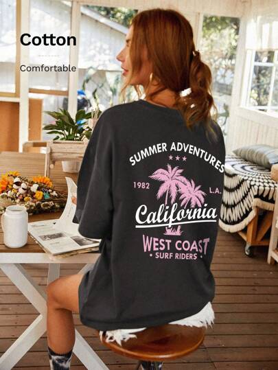 SHEIN LUNE Letter And Tropical Print Oversized Tee Graphic Tees Women Tops, Unisex