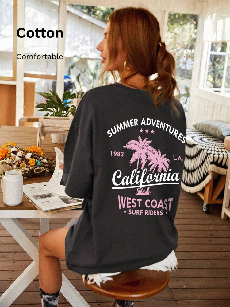 Letter And Tropical Print Oversized Tee Graphic Tees Women Tops, Unisex