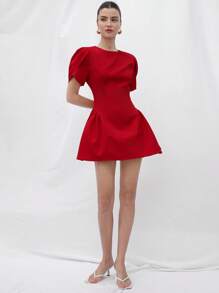 Aveloria Rosie 公主短款郁金香印花泡泡袖拼接下摆圆领短袖连衣裙 - 紅色 - 查看 5