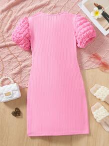 Tween Girls Pink Bubble Texture Short Sleeve Fitted Ribbed Fabric Elegant Dress - Pink - View 2