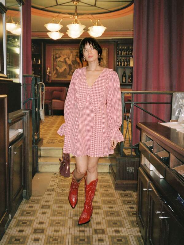 Poéselle Autumn New Plaid Peter Pan Collar Long-Sleeved Women's Dress, Fashionable A-Line Dress, Ruffled V-Neck Dress, Dress, Red Dress, Fairy Dress, Cute Dress