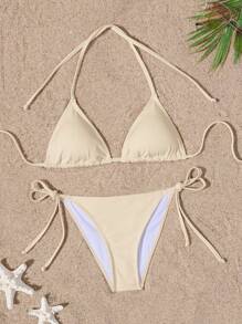 Swim Chiccia 女士夏季海滩纯色吊带系带性感比基尼套装 - 米色 - 查看 1