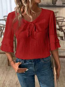 SHEIN LUNE Áo cánh vải lanh cổ chữ V tay ngắn xếp nếp cho nữ mặc trong dịp năm mới - Đỏ - Xem 3