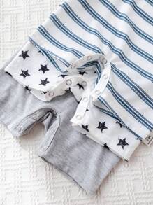 3 件套新生儿男孩可爱条纹星星印花休闲针织连体裤套装，夏季 - 彩色 - 查看 5