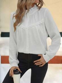 LanaWest Áo sơ mi nữ ngày lễ năm mới ngày lễ tình nhân màu đỏ, hồng, trắng viền ren cổ áo, cổ bèo nhún dài tay, áo dài tay - trắng - Xem 3