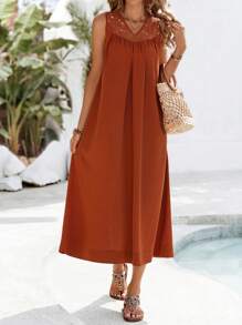 EMERY ROSE 女士长款纯色休闲连衣裙，简约时尚日常穿着 - 珊瑚橙 - 查看 3