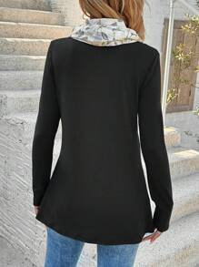 SHEIN LUNE 女士纯色拼接纽扣前长袖休闲 T 恤 - 黑色 - 查看 2