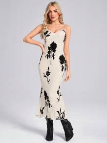 SHEIN LUNE V 领褶皱面料鱼尾腰吊带连衣裙刷印花休闲度假优雅街头女士中长连衣裙 - 彩色 - 查看 1